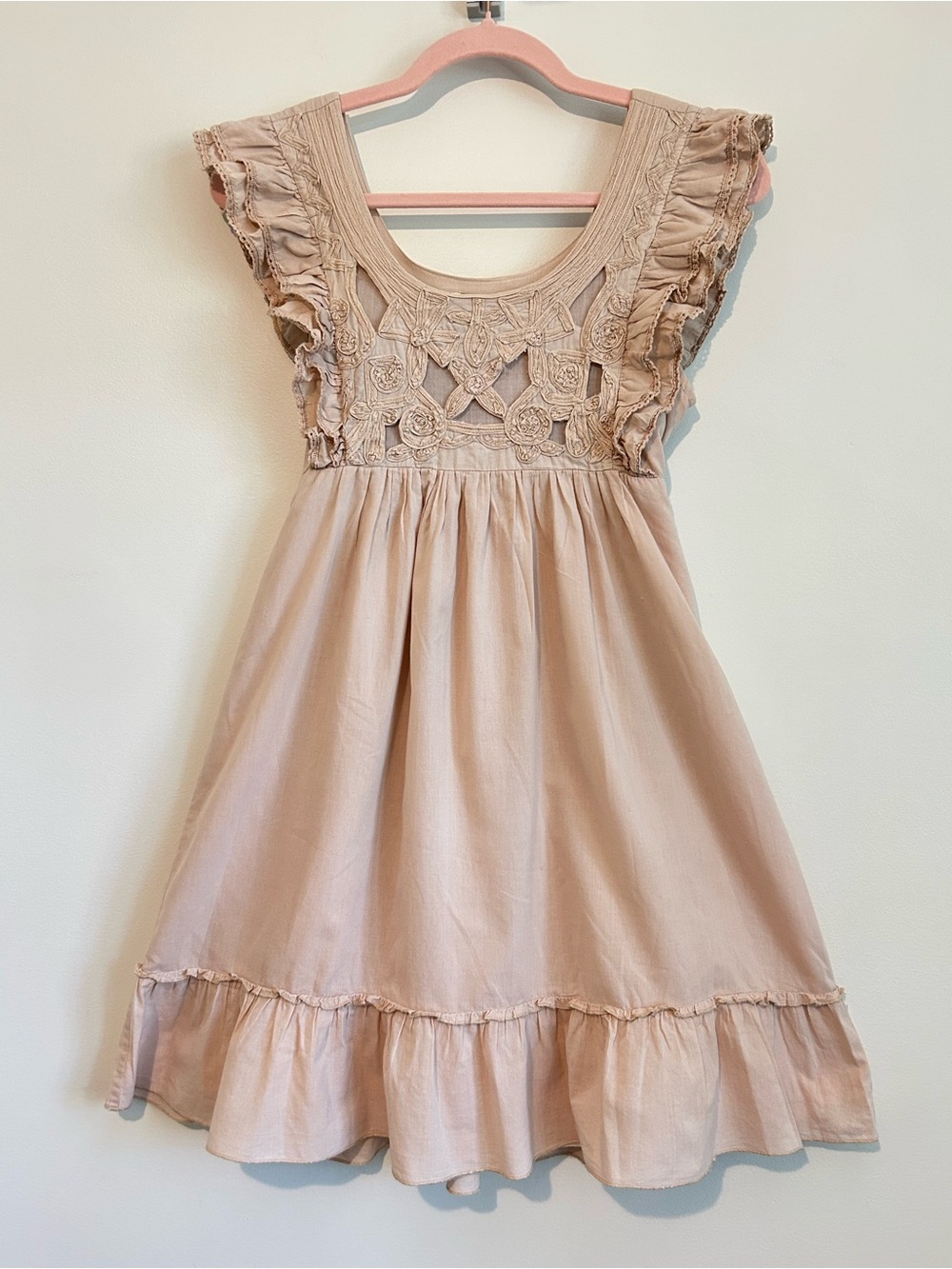 Miss Selfridge Beige Embroidered Ruffle Sundress, Size Small